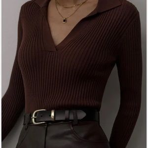 Long Sleeve Brown Zara V-Neck Collared